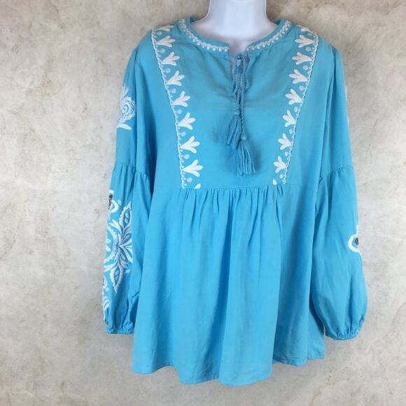 Soft Surroundings Tops - Soft Surroundings Blue Peasant Boho Blouse with White Embroidery Size L